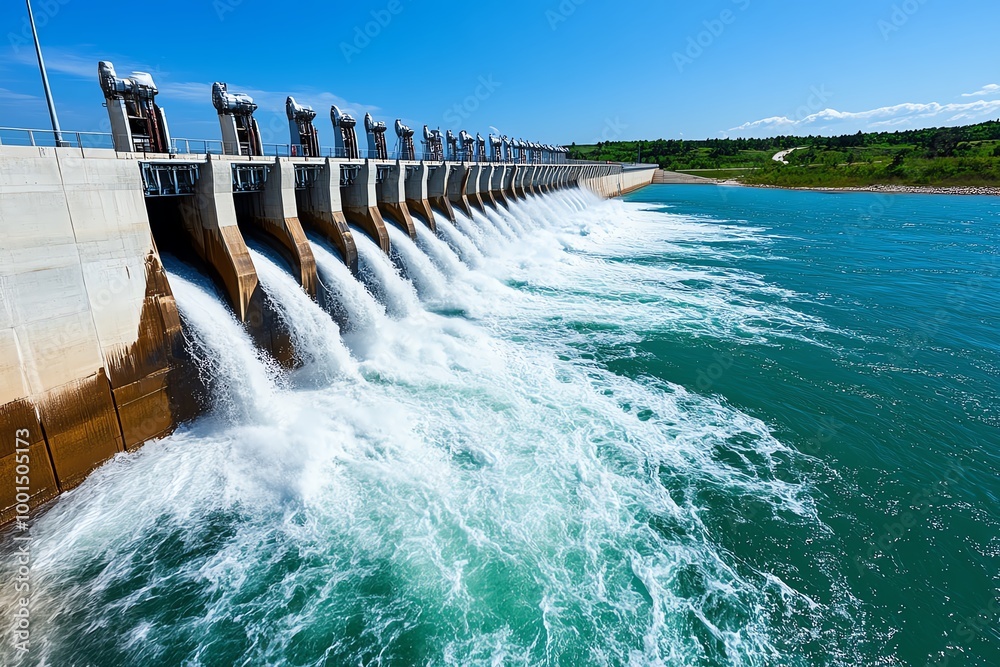 Hydroelectric dam releasing water through massive turbines, generating ...