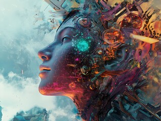Aufkleber - Futuristic Portrait of a Woman with Tech Elements
