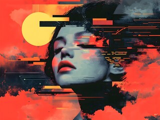 Poster - Abstract portrait with vibrant colors and digital distortion