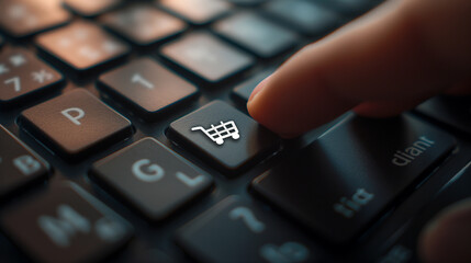 Finger pressing shopping cart key on keyboard for online digital purchase on ecommerce site