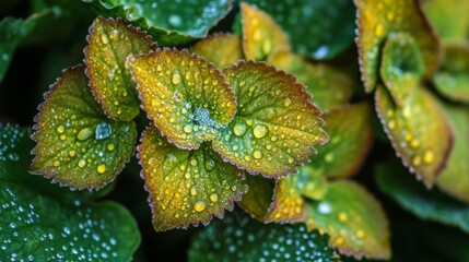 Poster - A macro shot of a cluster of leaves with dew drops on a wet garden bed, emphasizing the freshness and vibrancy of the gardens foliage.