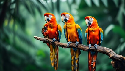 Vibrant parrots resting on a branch amidst a lush tropical rainforest