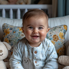 Adorable baby with a cute smile in a cozy nursery surrounded by toys and warmth