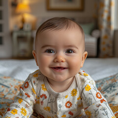 Smiling baby in a flower-patterned onesie indoors on a cozy and bright morning