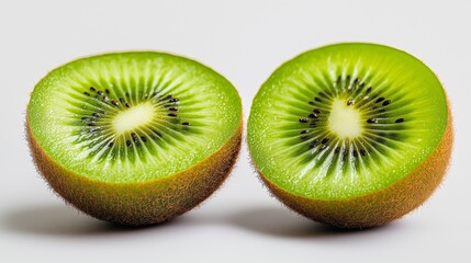 Two kiwi fruits are cut in half, revealing their green flesh. Concept of freshness and health, as kiwi is known for its high vitamin C content