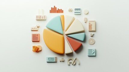 Leinwandbilder - A minimalist financial pie chart with pastel-colored slices, displaying income distribution, with financial icons and subtle shadows on a light background.