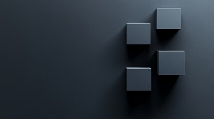 Cubes of random sizes on a dark background with a place for text on the left. A geometric 3D illustration rendered in black and white.