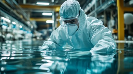 Poster - A man in a white lab coat is in a pool of water