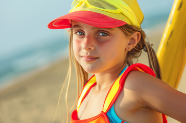 Smiling girl on beach enjoying summer vacation by the ocean with sun, sand, and bright outdoors