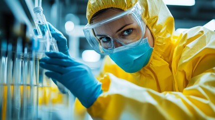 Aufkleber - A woman in a yellow lab coat is wearing a mask and gloves
