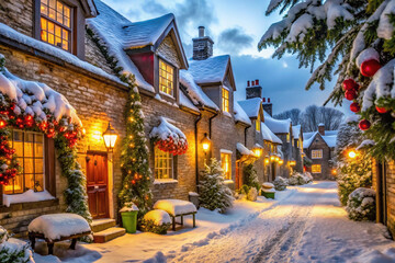 Charming snow-covered village street with Christmas decorations and lights