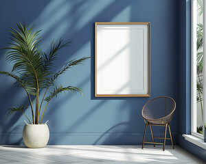 Wall Mural - Modern interior room with plant, a framed painting, and a chair against a blue wall background