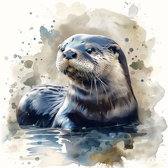 Watercolor painting of an otter in aquatic habitat - vivid art of a cute and playful creature