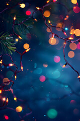 christmas garland bokeh gold lights frame dark blue background. High quality photo