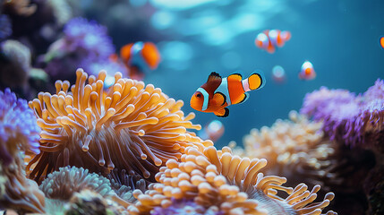 Poster - Clownfish swimming through colorful coral in a marine reef, vibrant underwater ecosystem