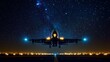 © Plaifah - A night scene of an airplane taking off with its landing lights shining brightly, set against a starry sky, capturing the magic of flying under the stars.