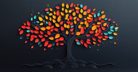 An abstract illustration depicting a tree with colorful leaves in shades of orange, red, blue, and white on a dark background.