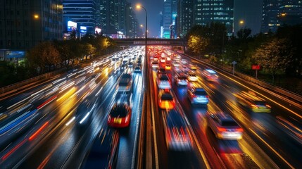 Canvas Print - A nighttime scene of a highway filled with vehicles, with headlights and taillights creating light trails, portraying the ongoing hustle and bustle of city traffic.