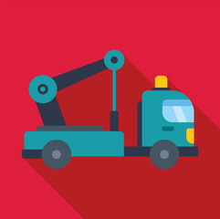 Sticker - Illustration of a tow truck with hydraulic crane in flat design style on red background