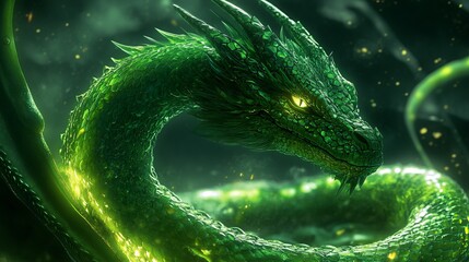 This is a detailed digital artwork of a green dragon holding a glowing orb. The dragon is clad in intricate green scales, has sharp spikes, and has a menacing gaze.