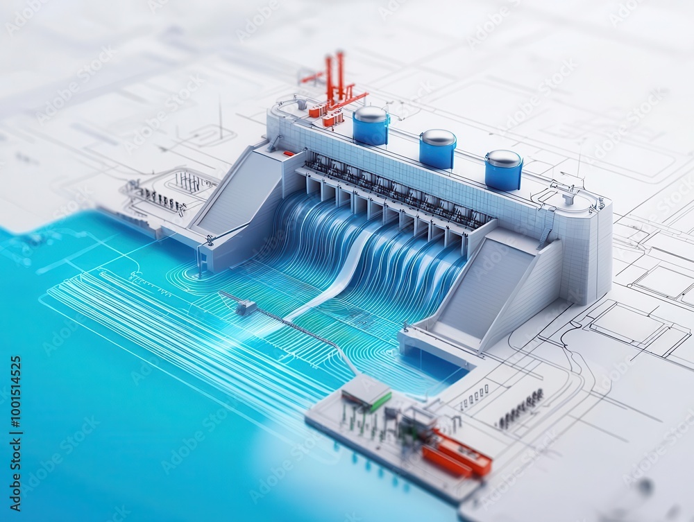 Engineering diagram of a hydroelectric dam with flow dynamics, Engineering Drawing, Energy Engineering