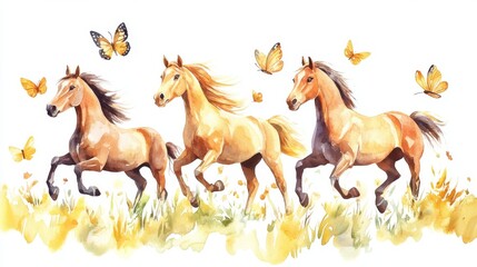 With a background of green foliage and plants, this illustration illustrates three running foals with various butterflies above them.