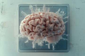 Several exposures of brain sketch hologram over computer worktable background. Big data concept.