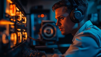 Poster - A man wearing headphones is looking at a computer screen