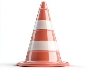 A cone shaped traffic sign with a red stripe and white stripe