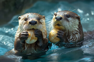 Wall Mural - Cute otters holding shells in water, playful duo of adorable wildlife creatures