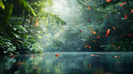 Poster - Serene rainforest landscape with vibrant foliage, falling leaves, and tranquil water surface