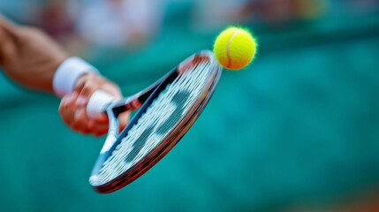 Close-up of a tennis player's hand hitting a tennis ball with a racket on a green court.