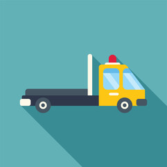 Poster - Yellow tow truck with emergency lights on is delivering cargo using empty road with long shadow, logistics and delivery concept