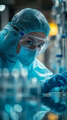 Poster - A woman in a lab coat and a mask is looking at a bottle
