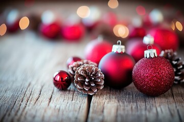 Festive red christmas baubles pine cones on rustic wood