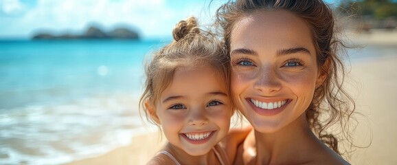 Happy Mother and Daughter on Tropical Beach Vacation