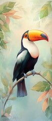 A colorful bird is perched on a branch in a lush green forest