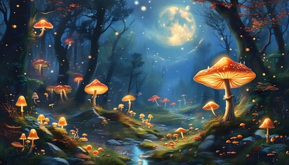 Wall Mural - Mystical forest illuminated by glowing mushrooms under a radiant moon in a captivating fantasy realm