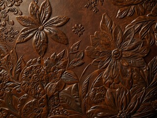 Brown leather features an embossed floral pattern in close-up.