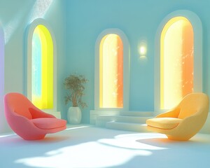 Poster - Bright and airy virtual coworking space, modern design, spacious layout, vibrant colors, collaborative atmosphere, inviting work environment