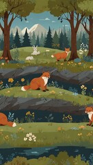 Cartoon landscape featuring adorable bear, fox, and rabbit.