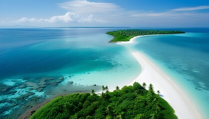 Tropical paradise with serene white sand beaches, vibrant coral reefs, and crystal clear turquoise waters under a sunlit sky