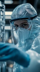 Poster - A woman in a lab coat and a mask is looking at something