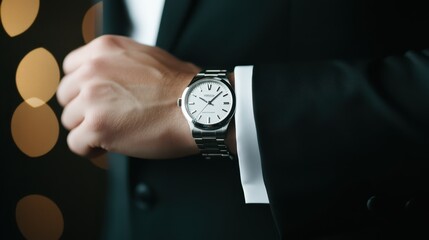 close-up of a man's wrist wearing a luxury watch, adjusting his suit. concept of sophistication, pro