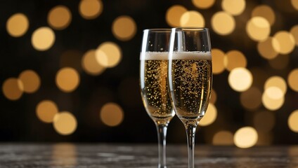 Champagne glasses with bokeh lights for New Year’s celebration.