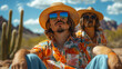 © Hype2Art - Stylish man wearing tropical shirt and hat with mirrored sunglasses in a sunny desert landscape
