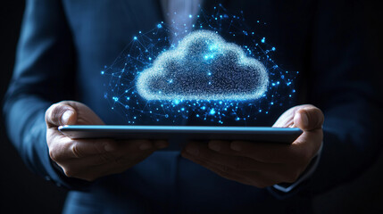 Aufkleber - Businessman holding a tablet is using cloud computing for big data online storage