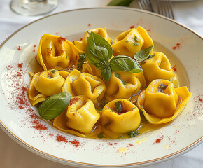 Delicious tortellini pasta dish served with fresh basil and a savory sauce on a gourmet dinner plate