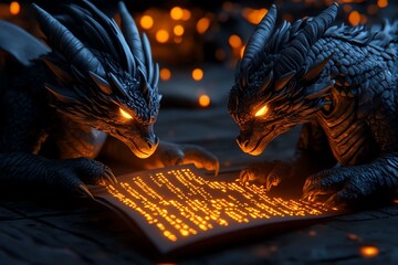 Aufkleber - Mythical creatures coding, shown as dragons and griffins typing lines of glowing code on magical scrolls that float in the air