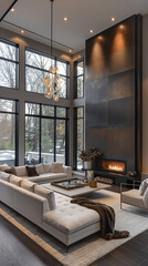 Wall Mural - Modern luxury living room with contemporary furniture, fireplace, and stylish interior design elements